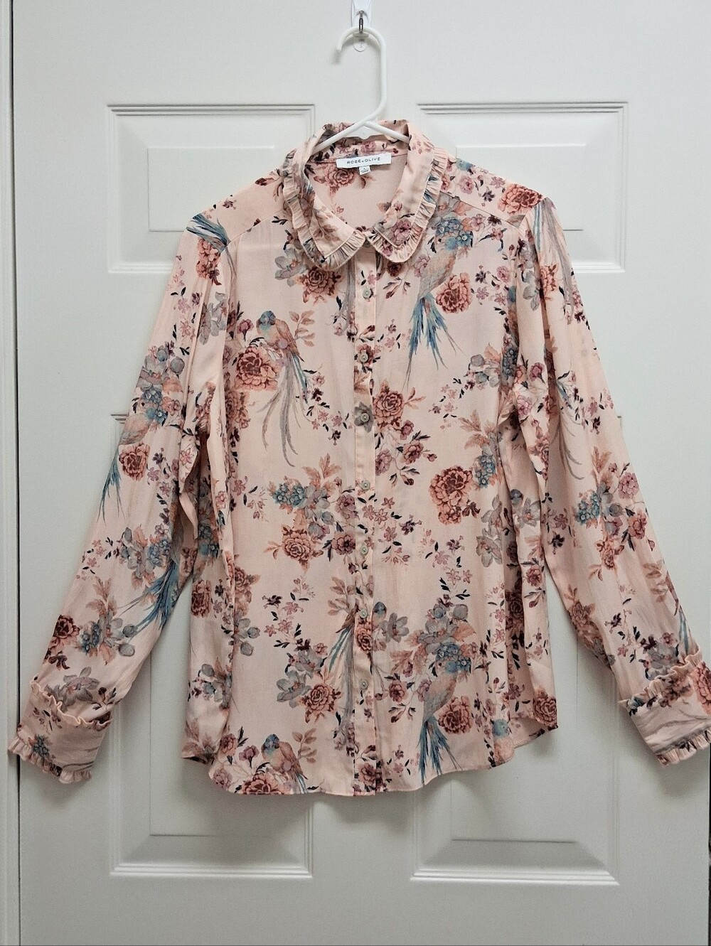 Rose + Olive Floral Bird Button Up Top Large Ruffles Cottagecore Fairy Coquette